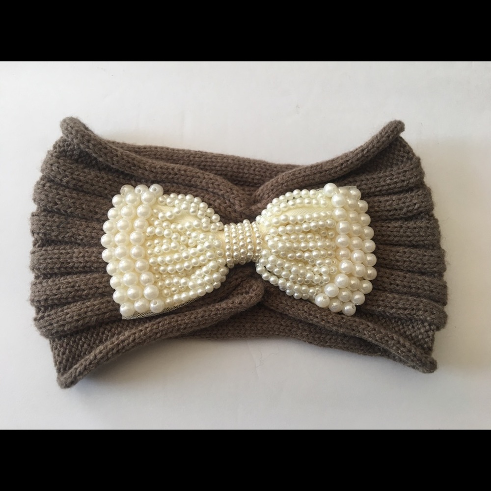 Tan Headband with pearl bow